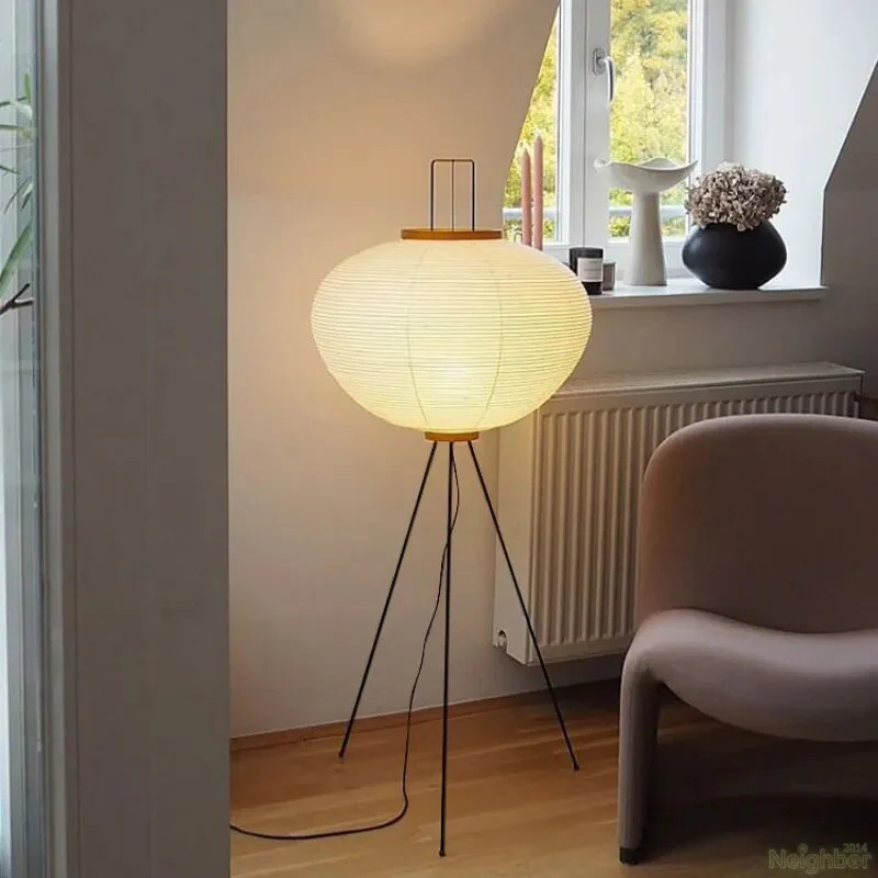 Japanese Wabi-Sabi Style Rice Paper Round Floor Lantern Lamp